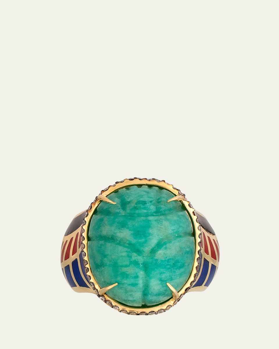 18K Yellow Gold Amazonite Scarab Ring with Black, Red and Blue Ceramic